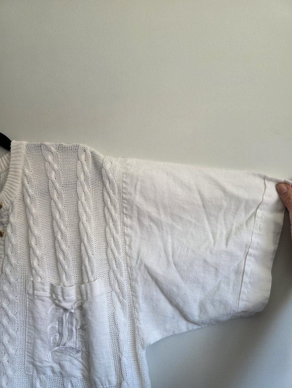 Miss Orly Cable Knit Short Sleeve Sweater Top White Cotton Ramie Henley Pocket L - Picture 4 of 9